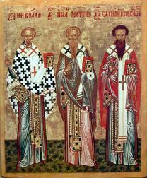 Три cвятителя: Николай Чудотворец, Иоанн Милостивый и Василий Исповедник