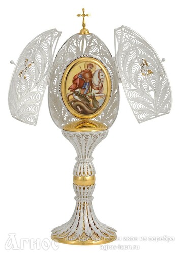 Серебряное пасхальное яйцо с иконой Георгия Победоносца, фото 1