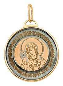 Круглая золотая нательная иконка Божьей матери "Владимирская" с гравировкой