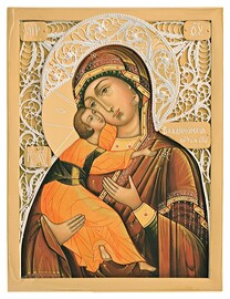 Икона Божьей Матери "Владимирская" из серебра с позолотой