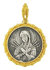Нательная иконка Божьей Матери "Семистрельная" из серебра с позолотой