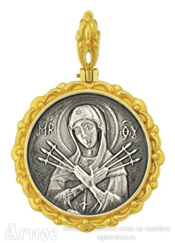 Нательная иконка Божьей Матери "Семистрельная" из серебра с позолотой, фото 1