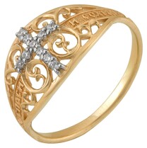Золотое кольцо "Спаси и сохрани" с крестом женское ажурное