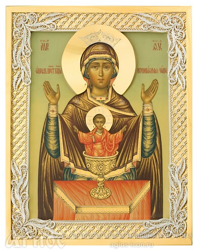 Икона Божьей Матери "Неупиваемая чаша" из серебра с позолотой, фото 1