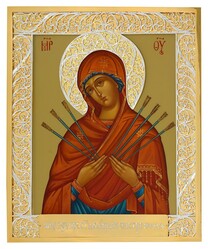 Икона Божьей Матери "Семистрельная" из серебра с позолотой