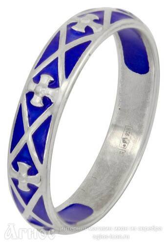 Православное кольцо из серебра с синей эмалью и крестами, фото 1