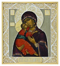 Икона Божьей Матери "Владимирская" из серебра с позолотой