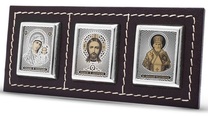 Автомобильная икона триптих Спаситель, Богородица, Николай Мирликийский (коричневая кожа)