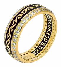 Позолоченное венчальное кольцо с эмалью с молитвой к Пантелеймону Целителю
