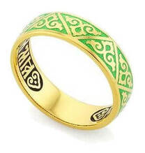 Серебряное кольцо "Спаси и сохрани" с зеленой эмалью