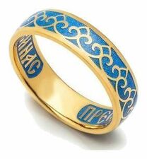 Серебряное женское кольцо с молитвой к  Богородице с голубой эмалью