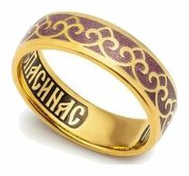 Серебряное кольцо с молитвой к Пресвятой  Богородице с сиреневой эмалью