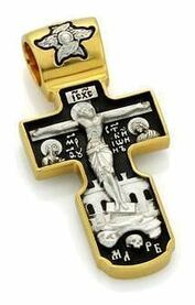 Православный нательный крест из серебра с Распятием, образами Богородицы и святых