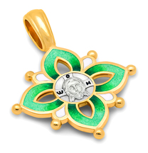 Лепестковый серебряный крестик с зеленой эмалью