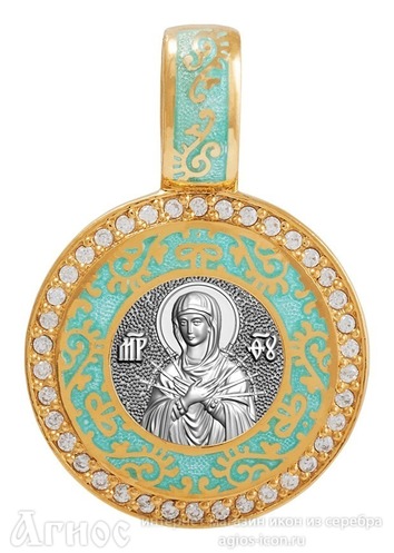 Нательная иконка Божьей Матери "Семистрельная" из серебра с фианитами, фото 1