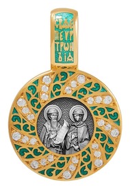 Нательная иконка Петра и Февронии из серебра с фианитами