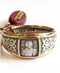 Позолоченный мужской перстень печатка молитвой к святым