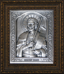 Икона  Александра Невского из серебра в резном багете