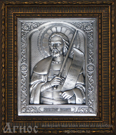 Икона  Александра Невского из серебра в резном багете, фото 1