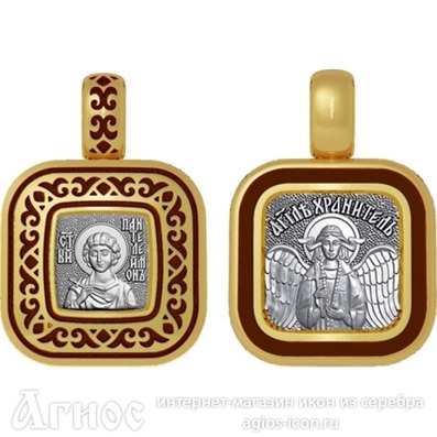 Нательная иконка  Пантелеимона из серебра с позолотой , фото 1